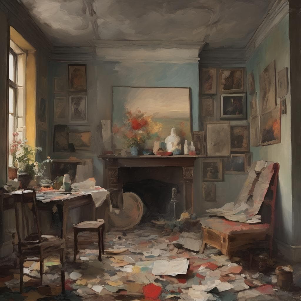 Ανθρώπινη ακαταστασία σε καλλιτεχνικό εργαστήρι με πίνακες και βιβλία, ανάμεσα σε σκονισμένα αντικείμενα και ζωγραφικά έργα.