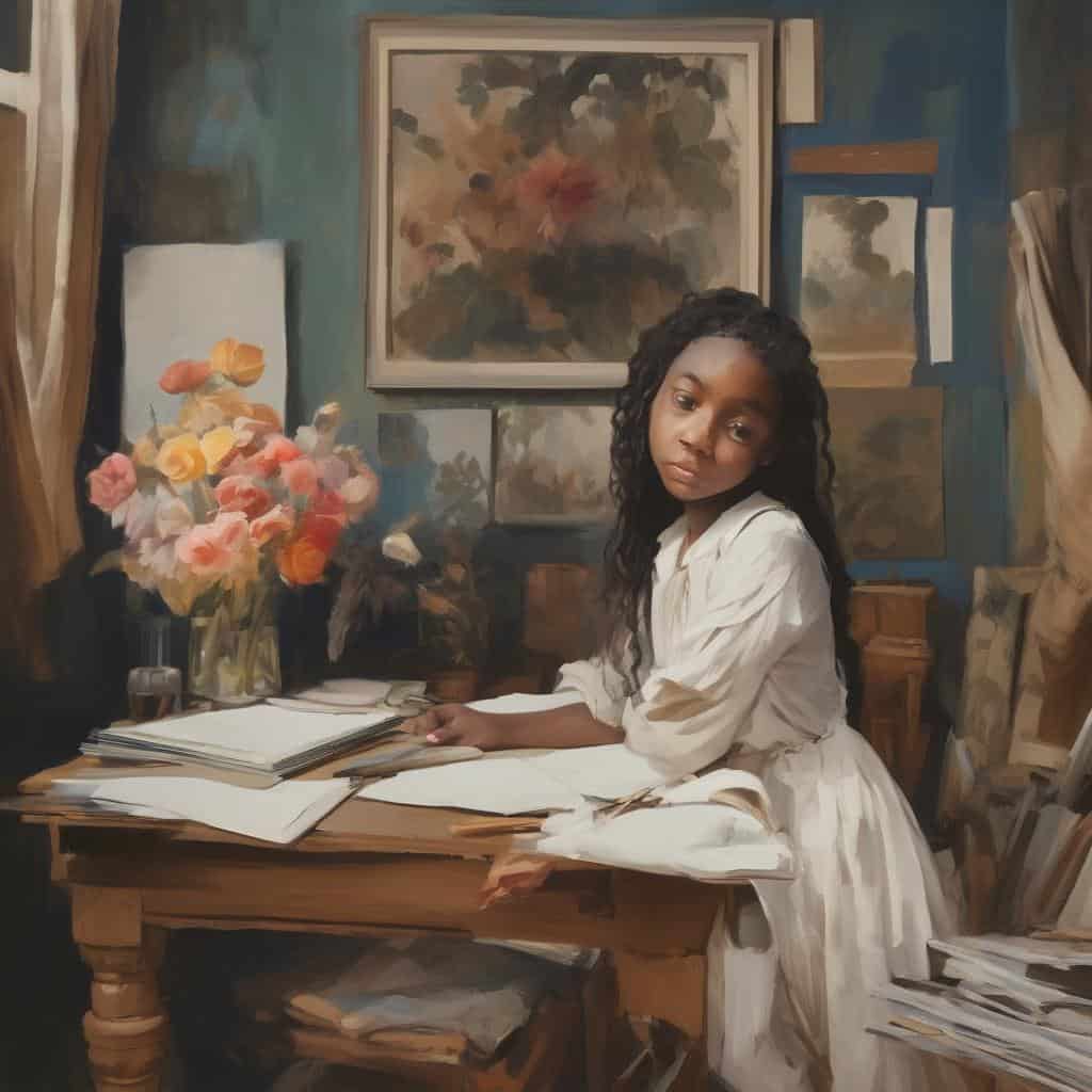 Ακριβές πορτρέτο νεαρής γυναίκας σε καλλιτεχνική στούντιο, με έργα τέχνης και λευκά αρχεία.