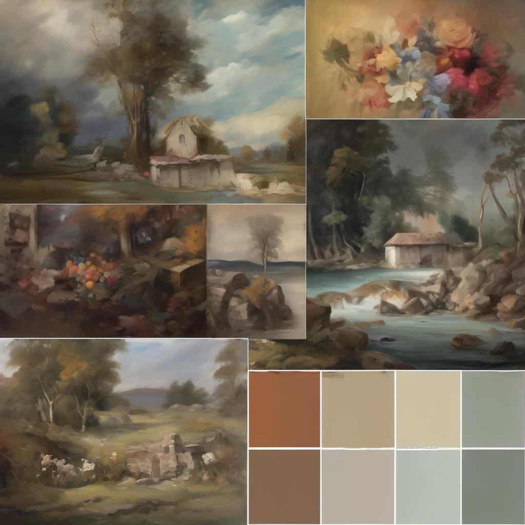 Ουράνιο τοπίο με δέντρα και αρχαία ερείπια, σε ήρεμα χρώματα με στοιχεία φυσικής και αρχιτεκτονικής.