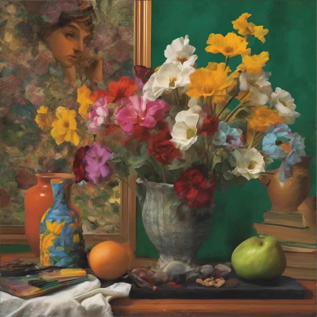 Λουλούδια σε βάζο με πίνακα και αντικείμενα σε παραδοσιακό στυλ.