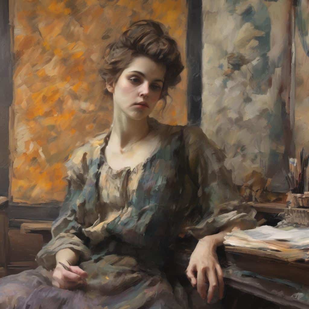 Ανθρωποκεντρική πορτρέτο ζωγραφιά, γυναικεία μορφή σε καμβά με παλέτα και πινέλα.